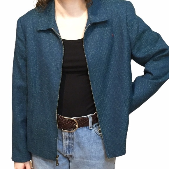 Tweed zip up blazer blue green Napa Studio pockets purple lining 12 - Picture 1 of 14